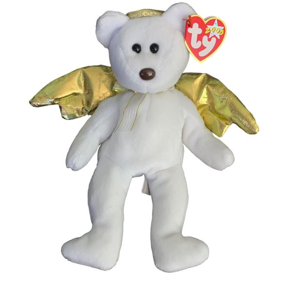 Ty Other - RARE HALO II Angel Bear TY Beanie White Gold Wings Brown Nose PE Pellets 2000